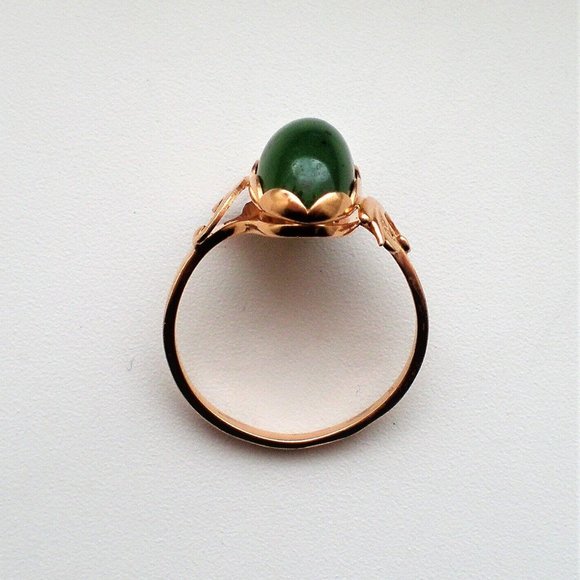 Vintage Russian Russia 14K 583 Rose Pink Gold Green Nephrite Jade Bypass Ring - Picture 6 of 9